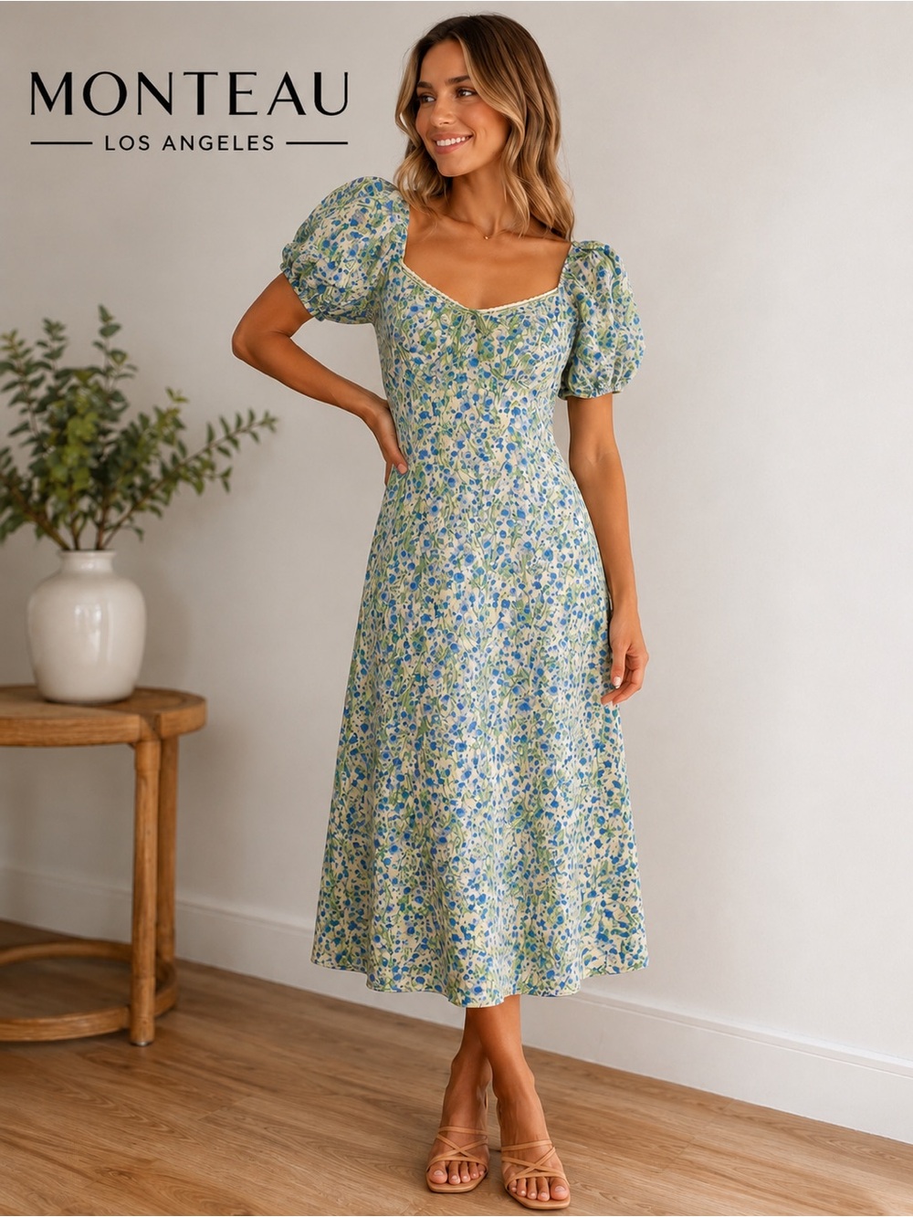 Monteau Los Angeles Blue Floral Puff Sleeve Midi Dress | Size Medium